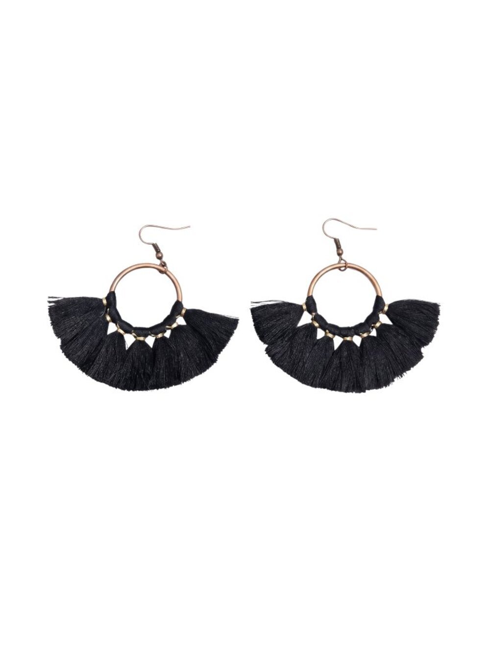 3/$20 NIP | Black Silk Tassel Fan Statement Hoop Earrings Gold Tone Boho